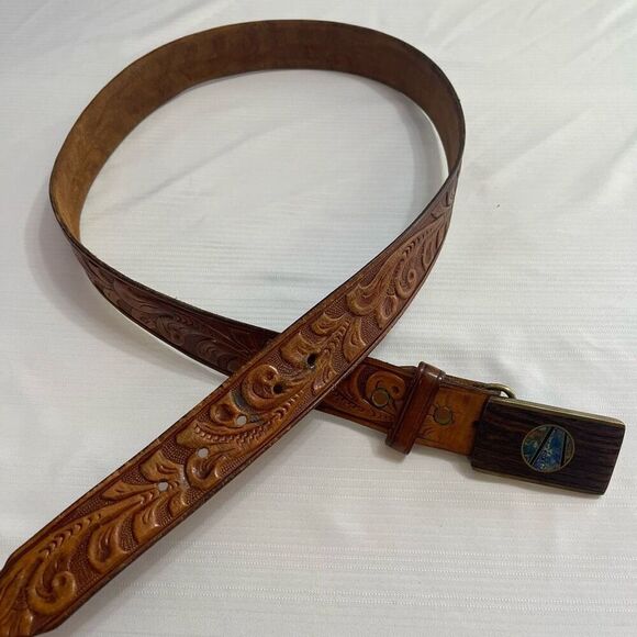 Santa Fe Stoneworks Brown Tooled Vintage Belt Size 38 - Picture 3 of 7